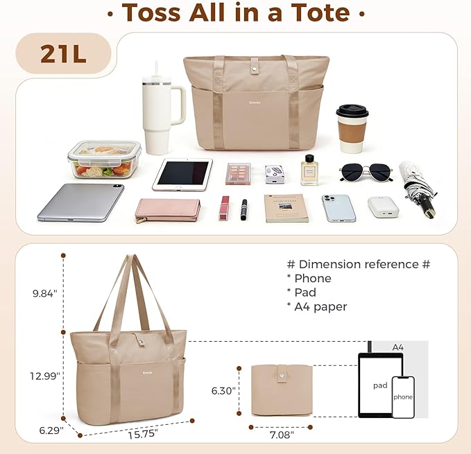 Ceneda Foldable Tote Bag for Women, Lightweight Work Bag with Dual Inner Cup Holders, Daily Handbag for Travel, Gym, Grocery | 40oz Tumbler Holder, Well-organized, Portable, Durable, 21L Large Capacity, Beach/Shopping/Trips, Ideal Gift for Her
