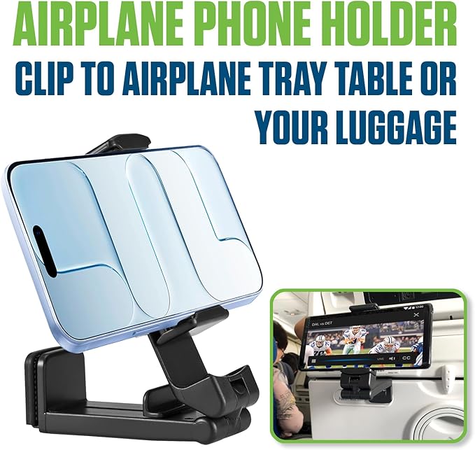 Cellet Airplane Phone Holder Mount – Foldable Travel Phone Clip for Airplane Tray Table or Luggage Handle, Adjustable 360° Rotation, Universal Fit for iPhone, Samsung, Google Pixel & More