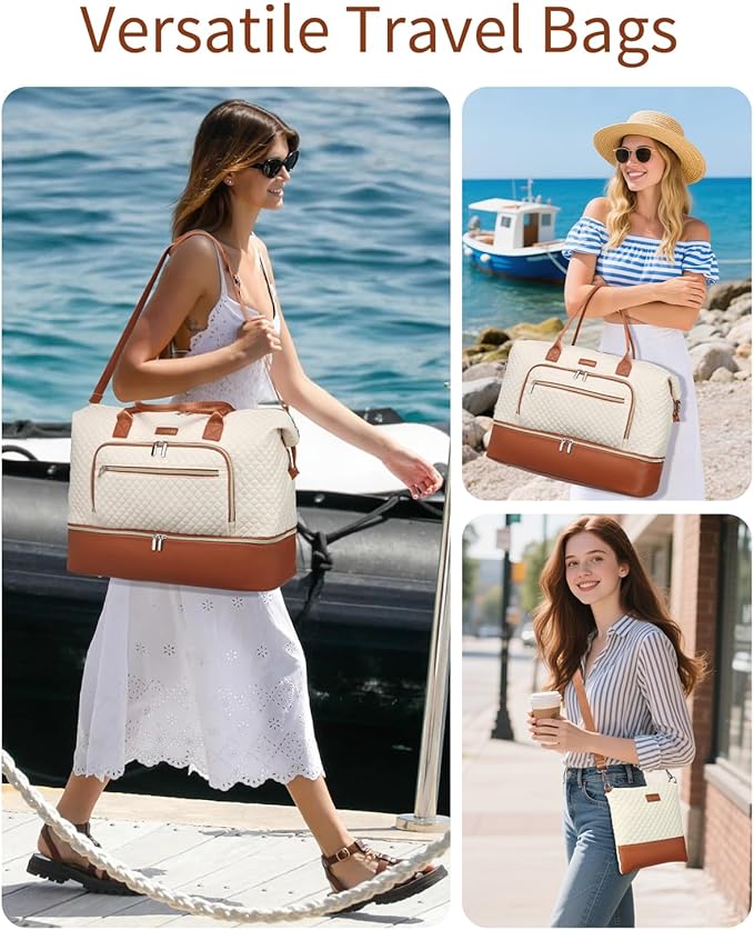 Large Women Travel Duffle Bag, Weekender Bag Overnight Bag with Shoe Compartment, Carry on Bag with Crossbody Purse for Over Night, Weekend, Yoga, Gym, Business Trips, Hospital, Beige Brown