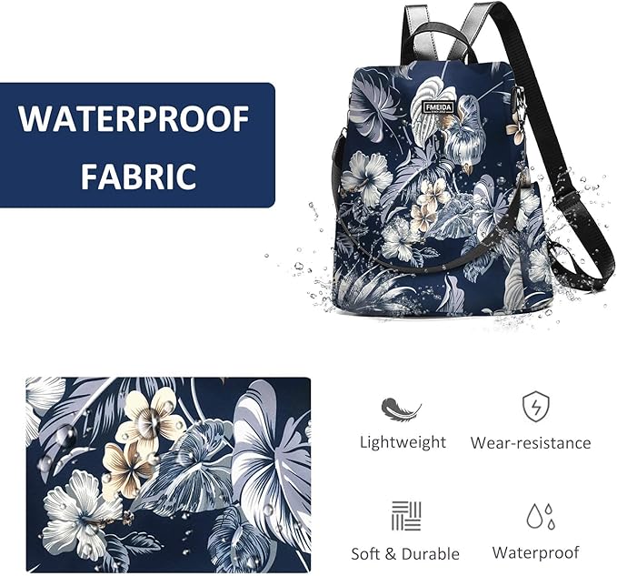Fmeida Waterproof Backpack Purse for Women Anti Theft Fashion Daypack Nylon Travel Bag Crossbody Shoulder Bag - Hawaii Flower 13"x5.9"x13.9"