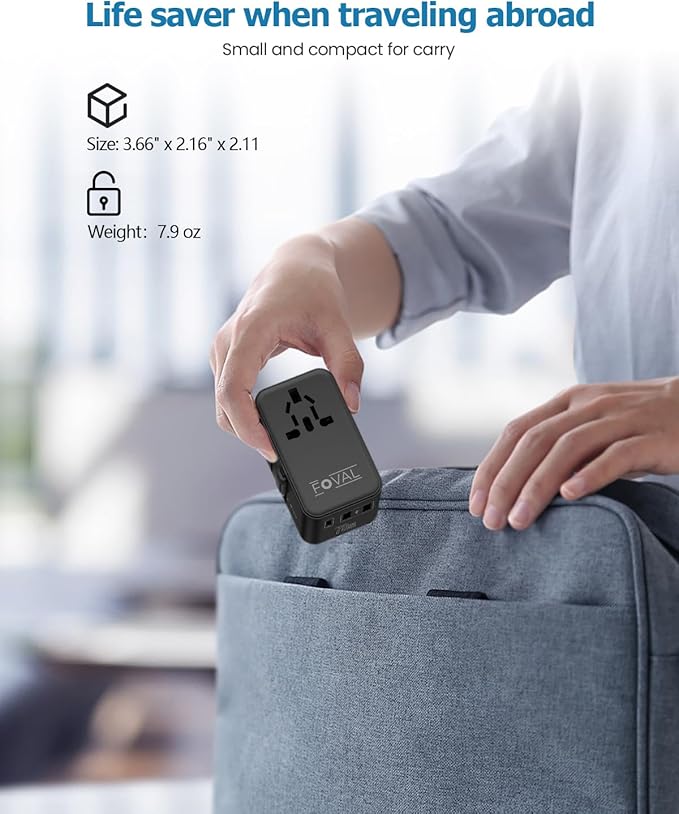 FOVAL European Travel Plug Adapter, Universal Travel Adapter with Retractable USB C Cable, All-in-one International Power Adapter for Europe Italy UK US AUS (70W)