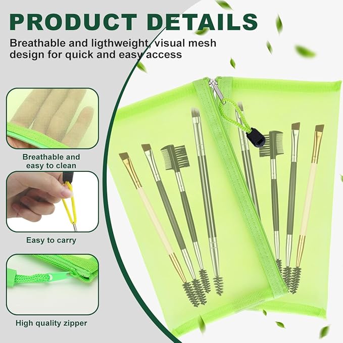 Happyupcity 2PCS Creen Mesh Nylon Storage Bag with Zipper Small Makeup Bag Toothbrush Toothpaste Cosmetic Tools Holder Portable Reusable Pocket for Travel Vacation Business Trip ColorRandom
