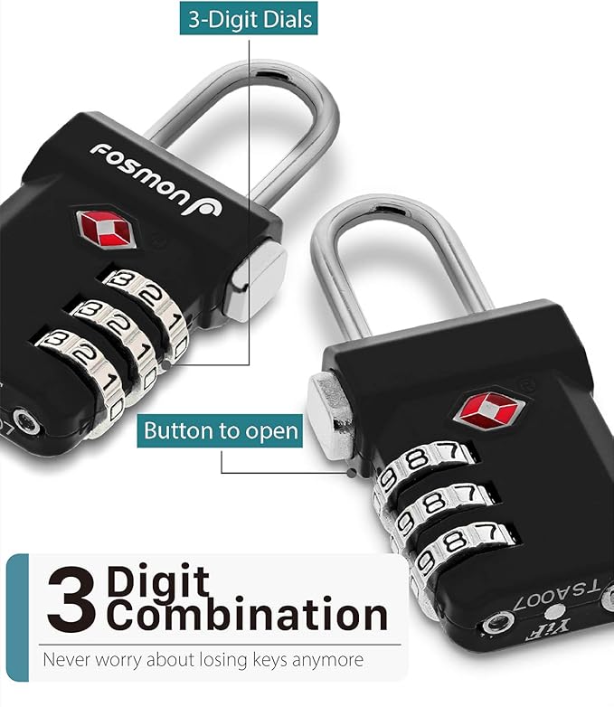 Fosmon TSA Approved Luggage Locks, Suitcase Travel Lock with Push Release Button for Extra Security, 3 Digit Combination Padlock for Gun Case Backpack Zipper Anti Theft Gym Locker - Black