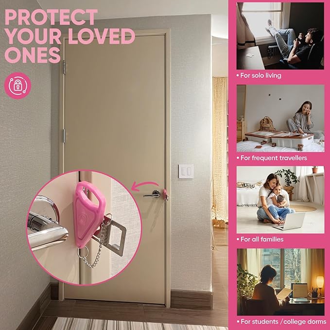 Portable Door Lock Extra Security Essential Safety & Privacy Travel Lockdown, Prevent Entry Stopper, Protect Family While Traveling Home Bedroom Hotel Apartment College (1 Pink)