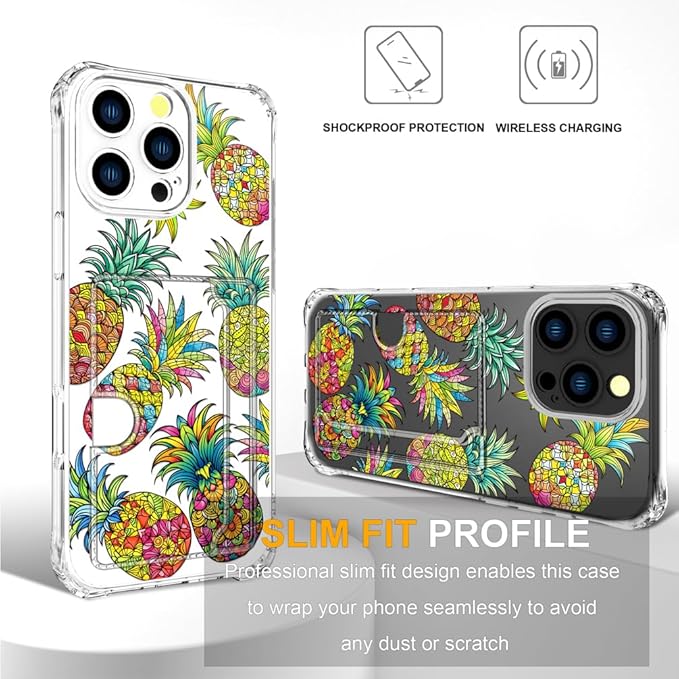 Compatible with iPhone 16 Pro Case Card Holder for Women Cute Design,Wallet Phone Cases Transparent Cool Kawaii Protective (Clear Pineapple Fruit Tropical)