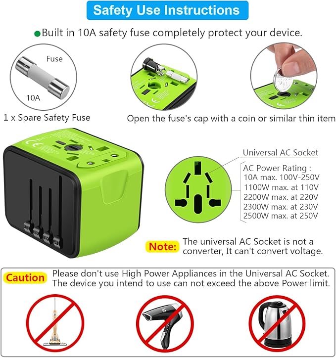 SAUNORCH Travel Adapter Worldwide, Universal International Power Plug Adapter W/2.4A 2xUSB-A and 3.0A 2xType-C Wall Charger, European Travel Plug Adapter for Europe UK EU US CA AU Italy Asia-Green