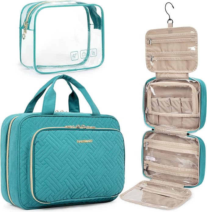 BAGSMART Toiletry Bag Hanging Travel Makeup Organizer with TSA Approved Transparent Cosmetic Bag Makeup Bag for Full Sized Toiletries, Medium-Blue