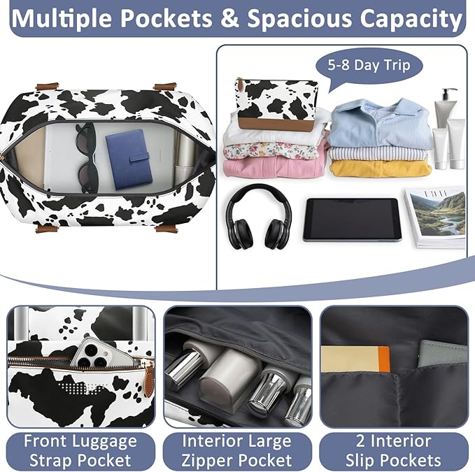 ELONGRIVER Travel Duffle Bag for Women, Weekender Bags, Hospital Bag for Labor Delivery, Lightweight Tote Duffel Overnight Bag with Luggage Sleeve, Airplane Travel Bags with Toiletry Bag, X-Large, Cow