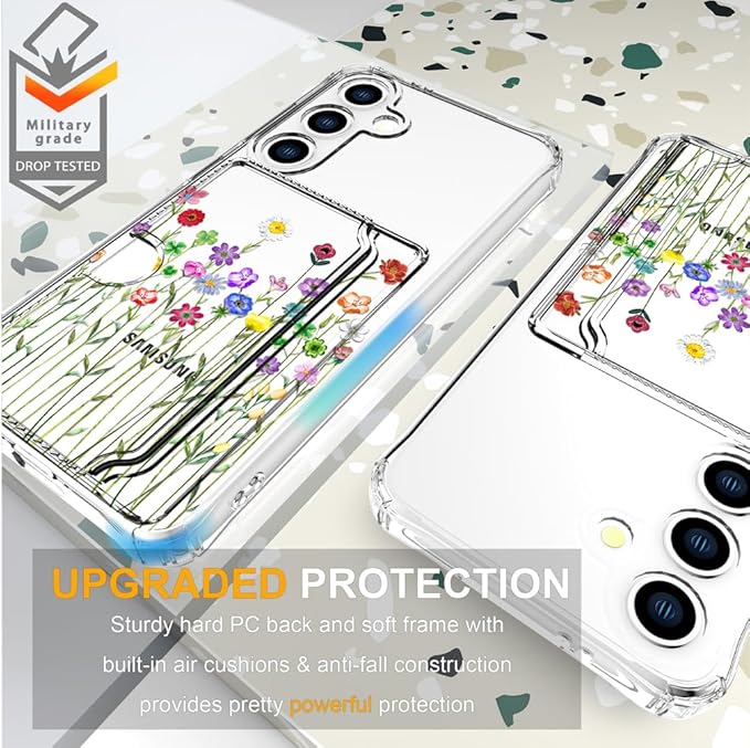 Compatible with Samsung Galaxy S24 / S25 Case Card Holder for Women Cute Design,Wallet Phone Cases Transparent Cool Kawaii Protective (Clear Flower Floral Bouquet)
