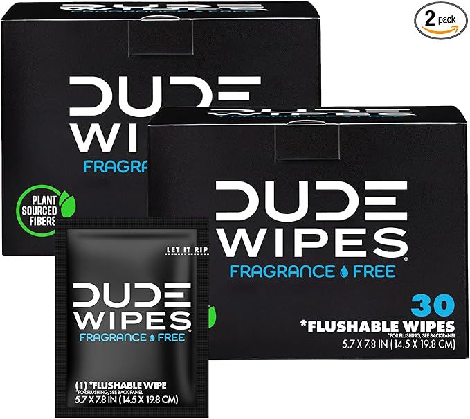 DUDE Wipes On-The-Go Unscented Travel Wipes - 2 Pack, 60 Count (Individually Wrapped) - Extra-Large Adult Flushable Wipes for Sensitive Skin - Infused with Vitamin E & Aloe - Septic and Sewer Safe