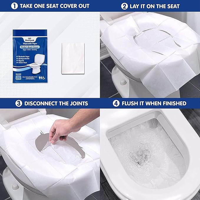 MP MOZZPAK Toilet Seat Covers Disposable - 10 Packs(100 Pcs) - XL Flushable Disposable Toilet Seat Cover for Kids Potty Training, Adults - 100% Biodegradable - Travel Accessories for Airplane, Camping