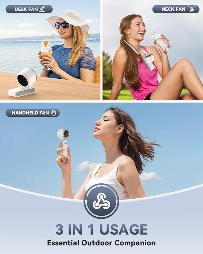 PlayHot Portable Handheld Turbo Fan, 5 Gear Wind, Battery Operated, Up to 12 Working Hours, 3 IN 1 Hand Fans with Air Turbo Tech Cooling Fan for Outdoor Activities, Travel, Beach (White)