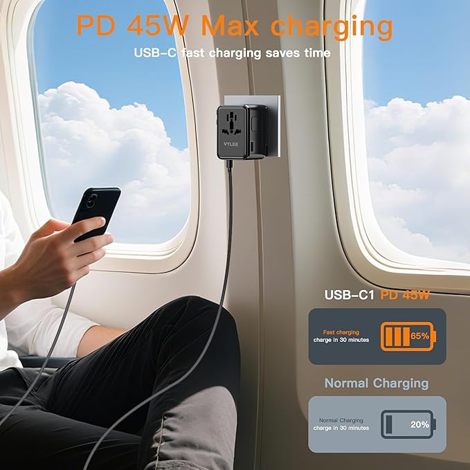 VYLEE Universal Travel Adapter, PD45W GaN International Power Adapter with 3 USB C and 1 USB A Charging Ports, All in One Power Outlet, Worldwide Plug Adapter for US to European UK AUS Ireland