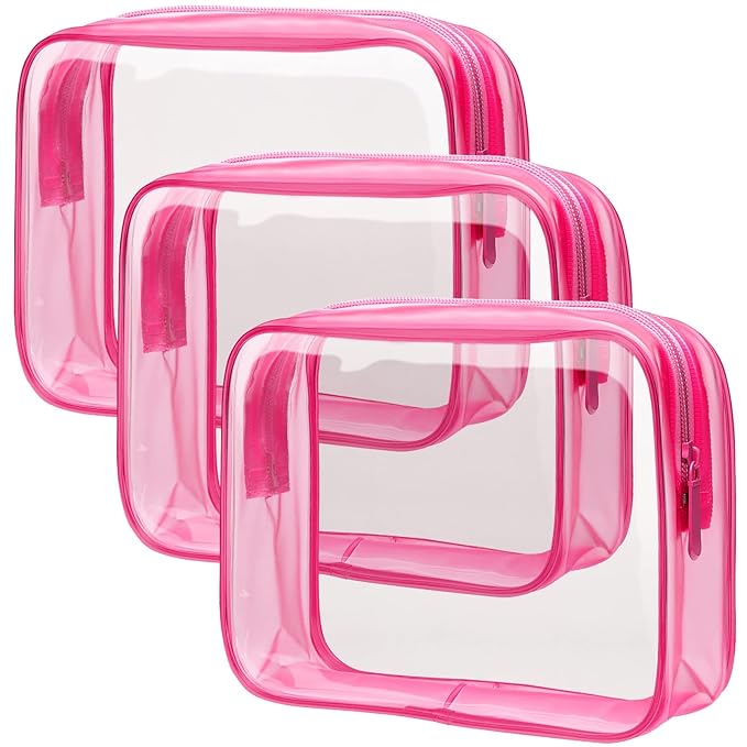 PACKISM Clear Makeup Bags - 3 Pack TSA Approved Clear Travel Bags for Toiletries, Carry on Toiletry Bag TSA Approved Toiletry Bag, Matte Rose Red