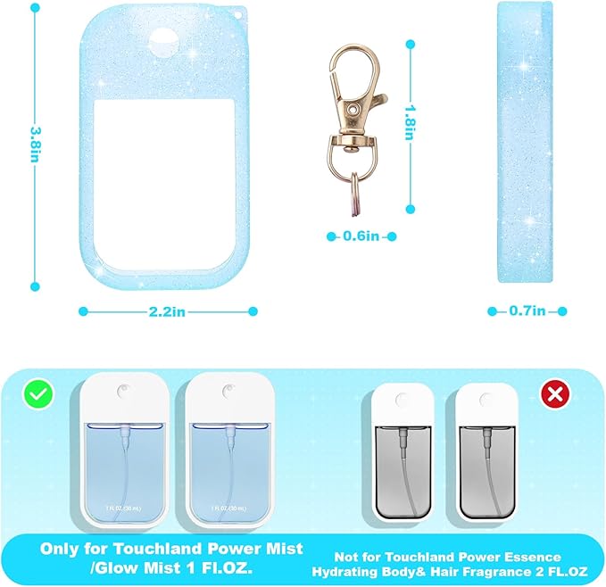 Palksky Hand Sanitizer Spray Glitter Case for Touchland,Silicone Case with Keychain for Power Mist and Glow Mist 1 fl oz(Glitter Sequin Blue),Travel Size