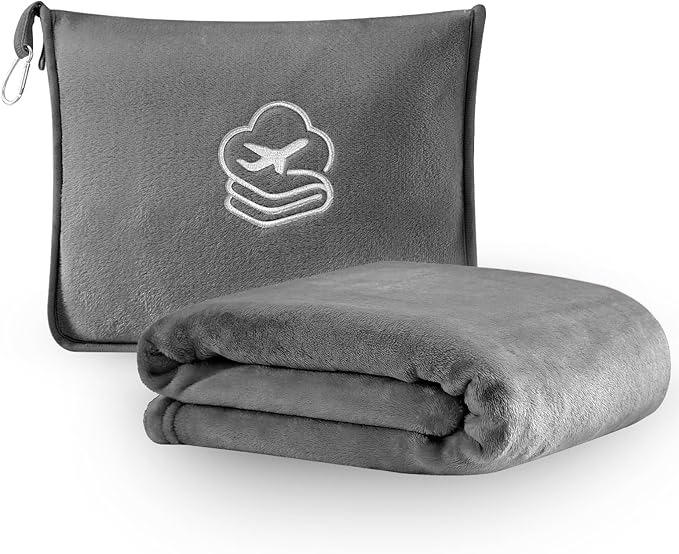 Travel Blanket, Soft 2-in-1 Airplane Blanket, 65x40 Inches, Travel Essentials Car Blanket with Luggage Sleeve & Backpack Clip (Light Grey)