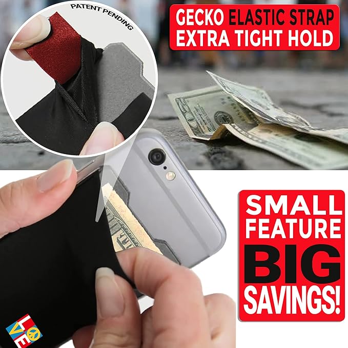 Phone Wallet - Adhesive Card Holder - Cell Phone Pouch - Stick on Lycra Pocket by Gecko - Carry Credit Cards and Cash
