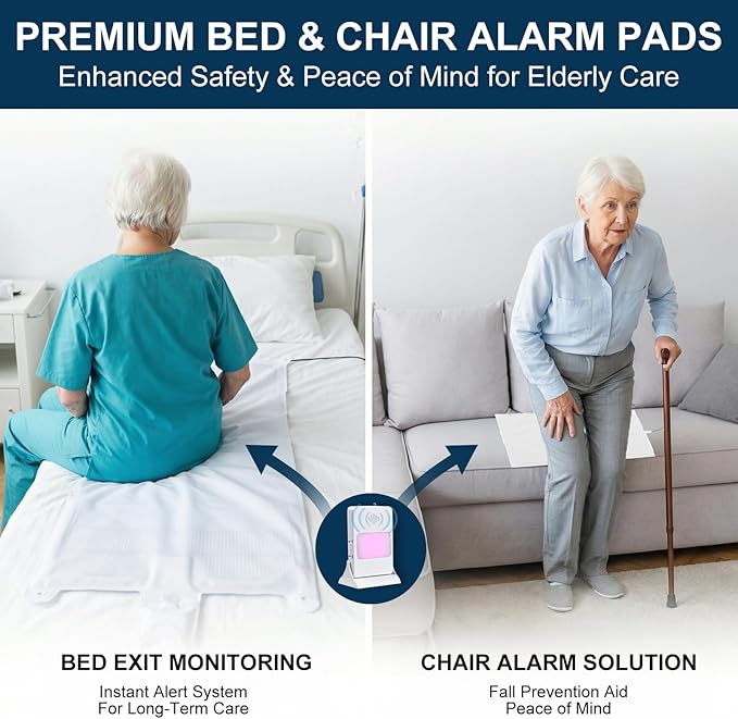Bed Alarm for Elderly Adults & Chair Alarm Set with Sensor Pad - Fall Prevention Alert System for Seniors, Dementia Patients, Alzheimer Care - Adjustable Volume Caregiver Monitor