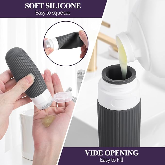 ME.FAN 18 Pack Travel Bottles for Toiletries, TSA Approved Silicone Portable Size Bottle, Refillable Cosmetic Container Kits for Conditioner, Shampoo, Lotion,Face Cream - Black/White