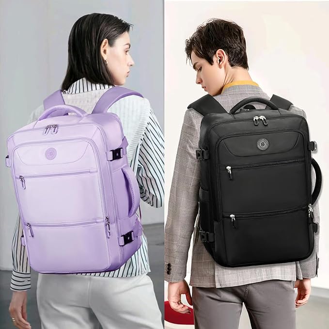 SHRRADOO Travel Backpack for Women & Men,Airline Approved Carry On Luggage,TSA Overnight Bags,40L Personal Item Travel Bag fits 17" Laptop,Carry on Bag with Underwear Bag Cosmetic Bag Set 3pcs (Black)
