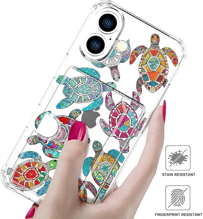 Compatible with iPhone 17 Case Card Holder for Women Cute Design,Wallet Phone Cases Transparent Cool Kawaii Protective (Clear Sea Turtles Animal Tribal)