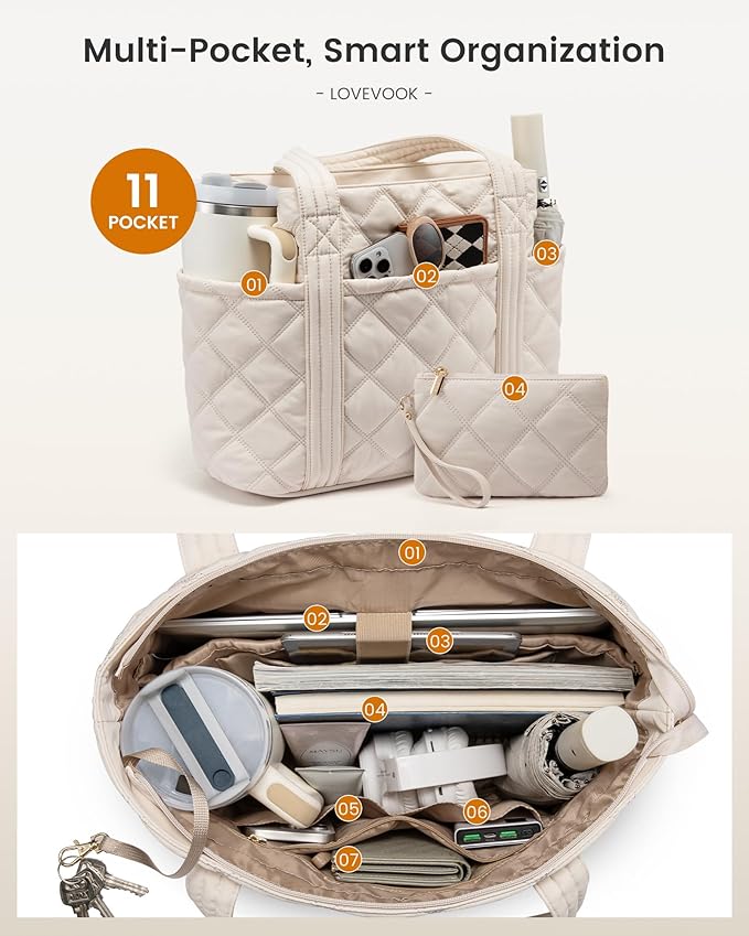 LOVEVOOK Puffer Tote Bag for Women, Puffy Work Handbag with Cup Holder, Travel Carry On Bag with Zipper for Teacher Nurse Gym