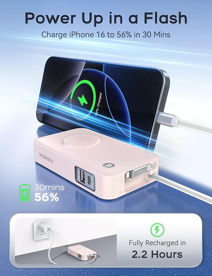 RORRY Portable Charger, 10,000mAh 30W Fast Charging Power Bank with Built-in Retractable Cables, Travel Battery Pack for iPhone 17/16/15/14/13/12, Apple Watch, iPad and More, Pink