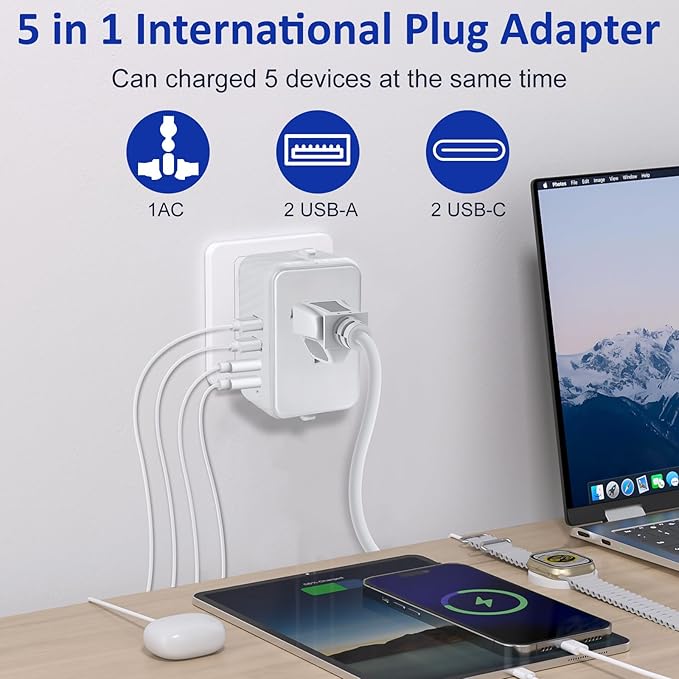Universal Travel Adapter Worldwide International Plug Adaptor with 2 USB C 2 USB A Ports,World Power Outlet for European USA UK Australia Ireland
