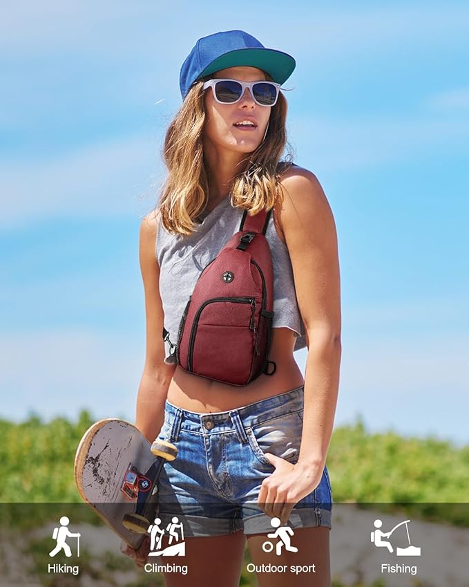 Pritent Crossbody Bags for Women Man Waterproof Sling Bag Backpack Trendy Casual Cross Body Bag with Convertible Shoulder Strap Chest Bag for Camping Hiking Travel Essentials (Wine, Medium)