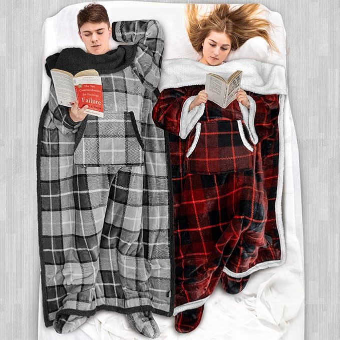 PAVILIA Sherpa Blanket with Sleeves, Foot Pocket for Women Men Adults, Thick Wearable Blanket Throw Wrap, Fleece Warm Snuggle Blanket Robe, Cozy Gift Ideas Wife Mom, Plaid Red