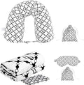 Travel Pillow with Detachable Flannel Blanket & Eye Mask – Plush Velvet Neck Support Pillow for Airplane,Car,Office Rest,Coordinated Digital Print Set (Black Circular Grid, 60in * 79in)