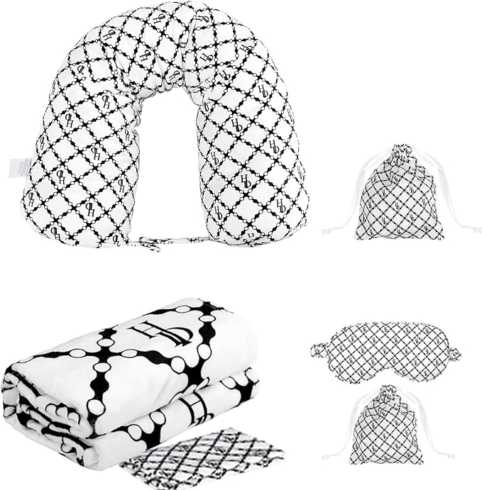 Travel Pillow with Detachable Flannel Blanket & Eye Mask – Plush Velvet Neck Support Pillow for Airplane,Car,Office Rest,Coordinated Digital Print Set (Black Circular Grid, 60in * 79in)