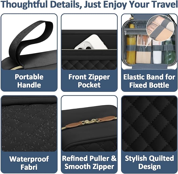 Vankor Travel Toiletry Bag for Women with Hanging Hook, Waterproof TSA Approved Cometic Toiletry Bag Organizers Leakproof Make up Bags for Women Black