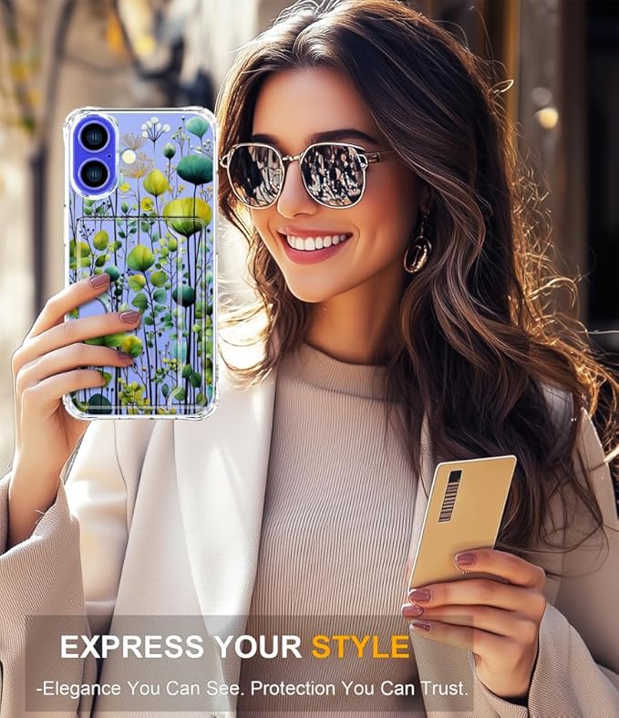 Compatible with iPhone 16 Plus Case Card Holder for Women Cute Design,Wallet Phone Cases Transparent Cool Kawaii Protective (Clear Green Flower Leaves Buds)