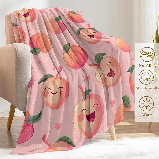 Peach Flannel Blanket - Cute Happy Fruit Smiling Peaches on Pink Throw - Lightweight Soft Cozy Gifts Blankets for Kids Adult,Modern Home Room Whimsical Decor 40x50in