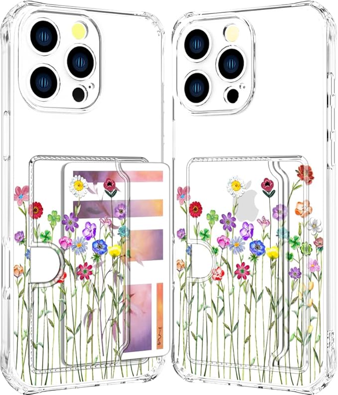 Compatible with iPhone 16 Pro Case Card Holder for Women Cute Design,Wallet Phone Cases Transparent Cool Kawaii Protective (Clear Flower Floral Bouquet)