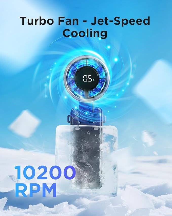 EasyAcc Handheld Portable Turbo Fan, Hand Powerful Fan 4000 Battery 5 Speeds 180°Foldable with Air Turbo Tech USB-C Rechargeable Personal Cooling for Travel Outdoor Black