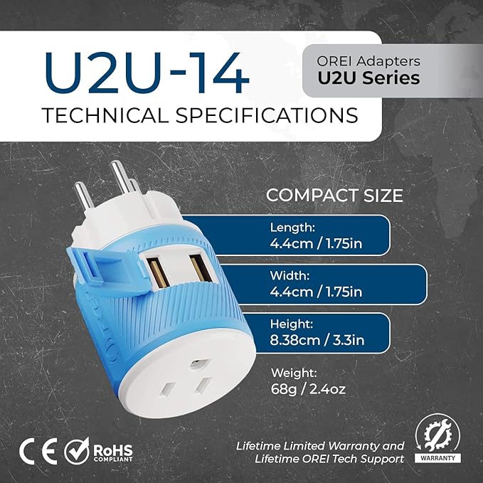 OREI 3 in 1 Israel Plug Adapter (Type H Adapter) with Dual USB for Charging – Does Not Convert Voltage - Israel Adapter Plug with Type B Input, Compatible in Palestine, Gaza Strip & Israel (U2U-14)