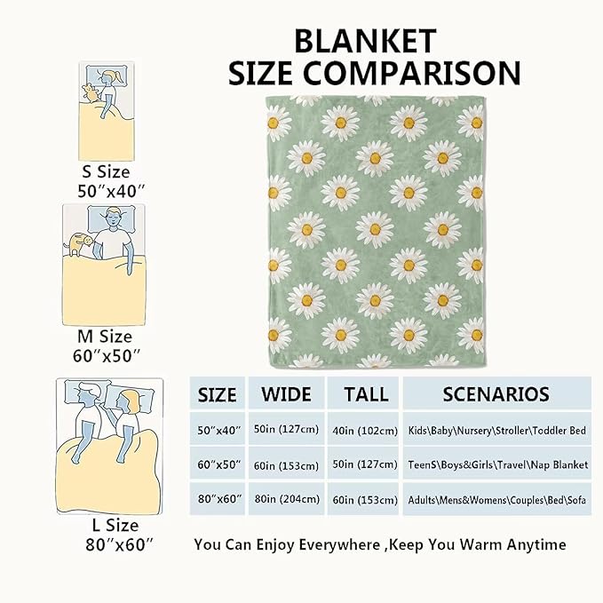 Daisy Blanket Butterfly White Floral Pattern on Mint Green Throw Blankets Gifts for Girls Women Lightweight Soft Fleece Cozy for Sofa Couch Bed Room Birthday Boho Spring Decor 50x60in