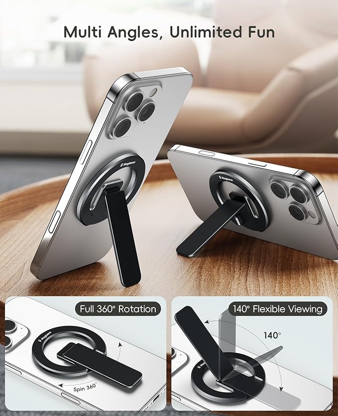 Magtame Double-Sided Magnetic Phone Stand Grip, Strong Magnetic Kickstand Desk Holder for Mag&Safe and Smartphone, Foldable Adjustable Design, Black