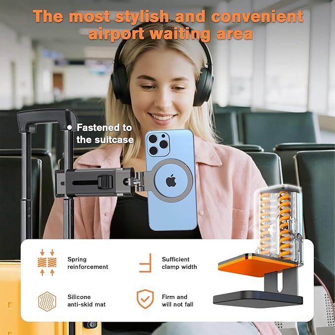 Airplane Phone Holder Travel Essentials for Men Women,Metal Magnetic Plane Phone Holder,360° Rotation Foldable Cell Phone Stand for Desk Tray Table,Travel Size Gadgets Flying Cruise Must Haves