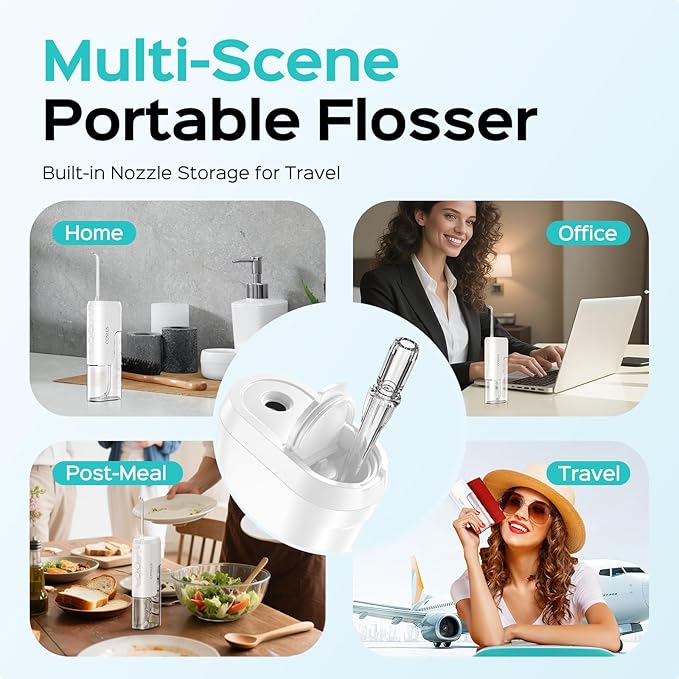 COSLUS T40 Mini Water Flosser for Travel: Portable Compact Design, Cordless Oral Irrigator with 4 Jet Tips Storable, IPX7 Waterproof for Braces, Orthodontic, Sensitive Gums Outing & Home, White