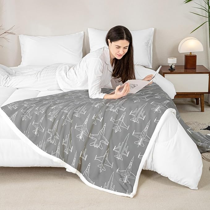 Cartoon Airplane Kids Throw Blanket,American Aircraft Toddler Bed Blanket for Girls Boys Adults,Hand-Painted Air Plane Fleece Blanket,Grey White Unique Fuzzy Blanket,Twin Size (60 x 80 Inches)
