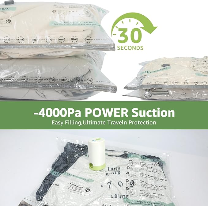 15 Packs Vacuum Bags for Travel with Rechargeable air Pump, 3 Sizes Vacuum Seal Bags for Clothing, Space-Saving Compression Storage Bags for Travel & Closet Organization