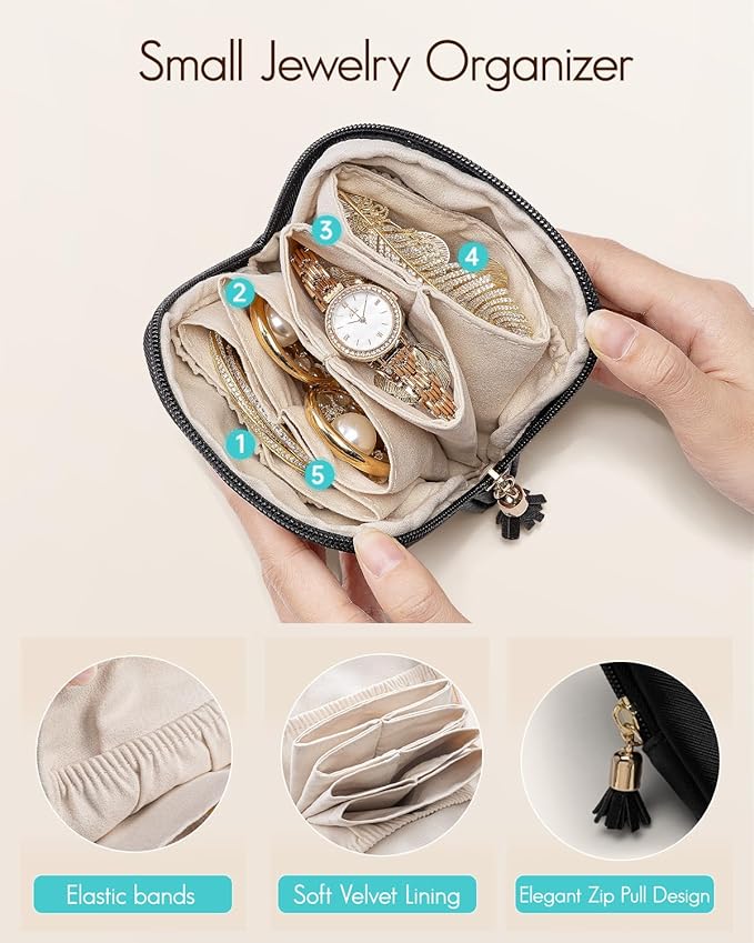 VLANDO Mini Jewelry Travel Case,Jewelry Pouch Bags with Zipper, Velvet Jewelry Organizer Storage Bag for Bracelet Rings Earring Travel Essentials Gifts for Women Girl - Black
