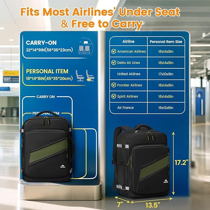 MATEIN Carryon Backpack for Travel with Tech Organizer, Lightweight Frontier Personal Item Bag with Shoe Compartment for Flight Essential, 17 inch Travel Laptop Backpack Airline Approved for Weekender
