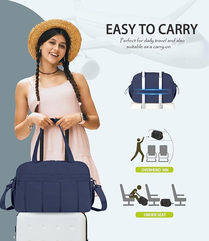 Lightweight Travel Duffle Bag for Women, Quilted Puffy Weekender with Wet Pocket for Gym, Overnight, Personal Item Carry On, Navy Blue