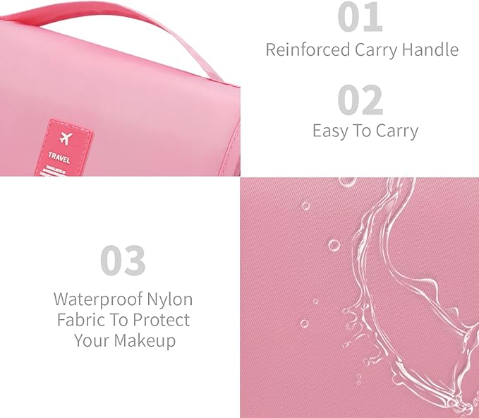Lcsmaokin Large Capacity Toiletry Bag Travel Bag with Hanging Hook for Men and Women Waterproof Travel Cosmetic Bag Bathroom Storage Bag for Brushes Set, Full-Sized Shampoo,Accessories(Pink)