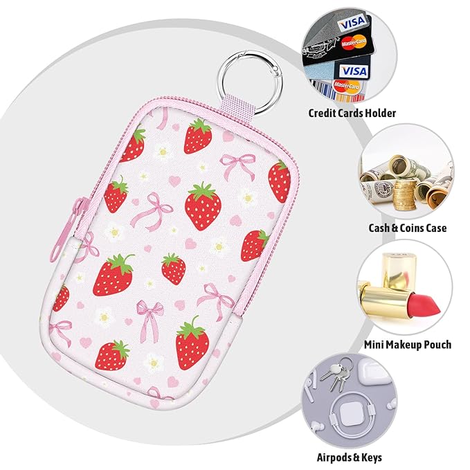 Hand Sanitizer Spray Case, Strawberry Bow Hand Sanitizer Holder Zippered Pouch, Cute Fashion Accessory with Snap Hook for Glow Mist and Power Mist 1FL OZ