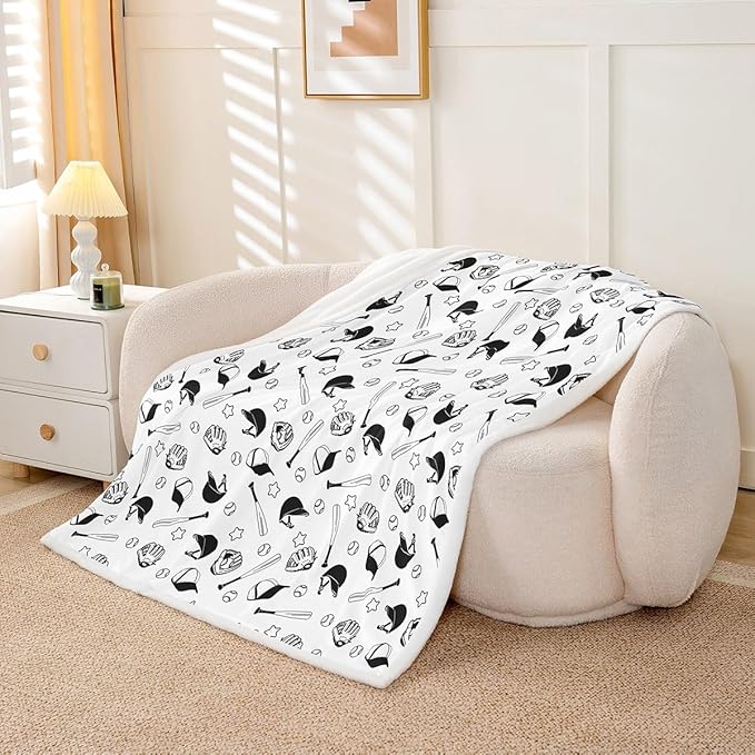 Baseball Kids Throw Blanket,Baseball Bat Glove Cartoon Bed Blanket for Girls Boys Adults,Stars Ball Sports Games Fleece Blanket,Black White Fashion Fuzzy Blanket,Twin Size (60 x 80 Inches)